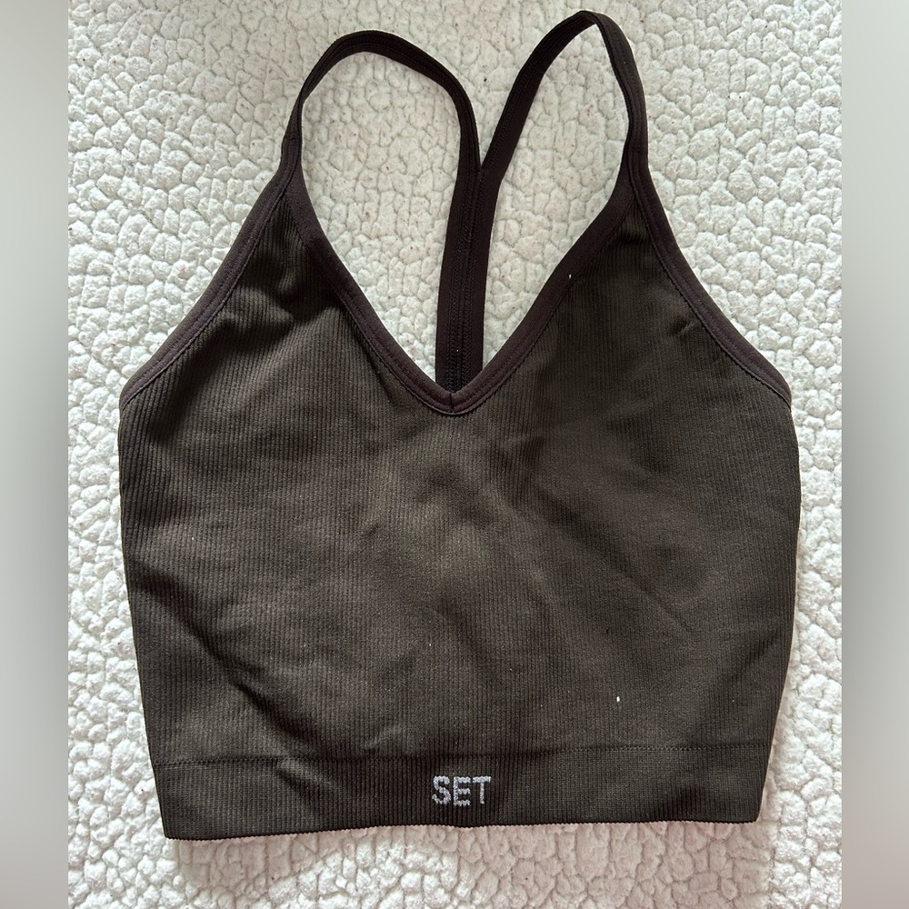 SET Active Dark Brown Ribbed V-Neck Sports Bralette